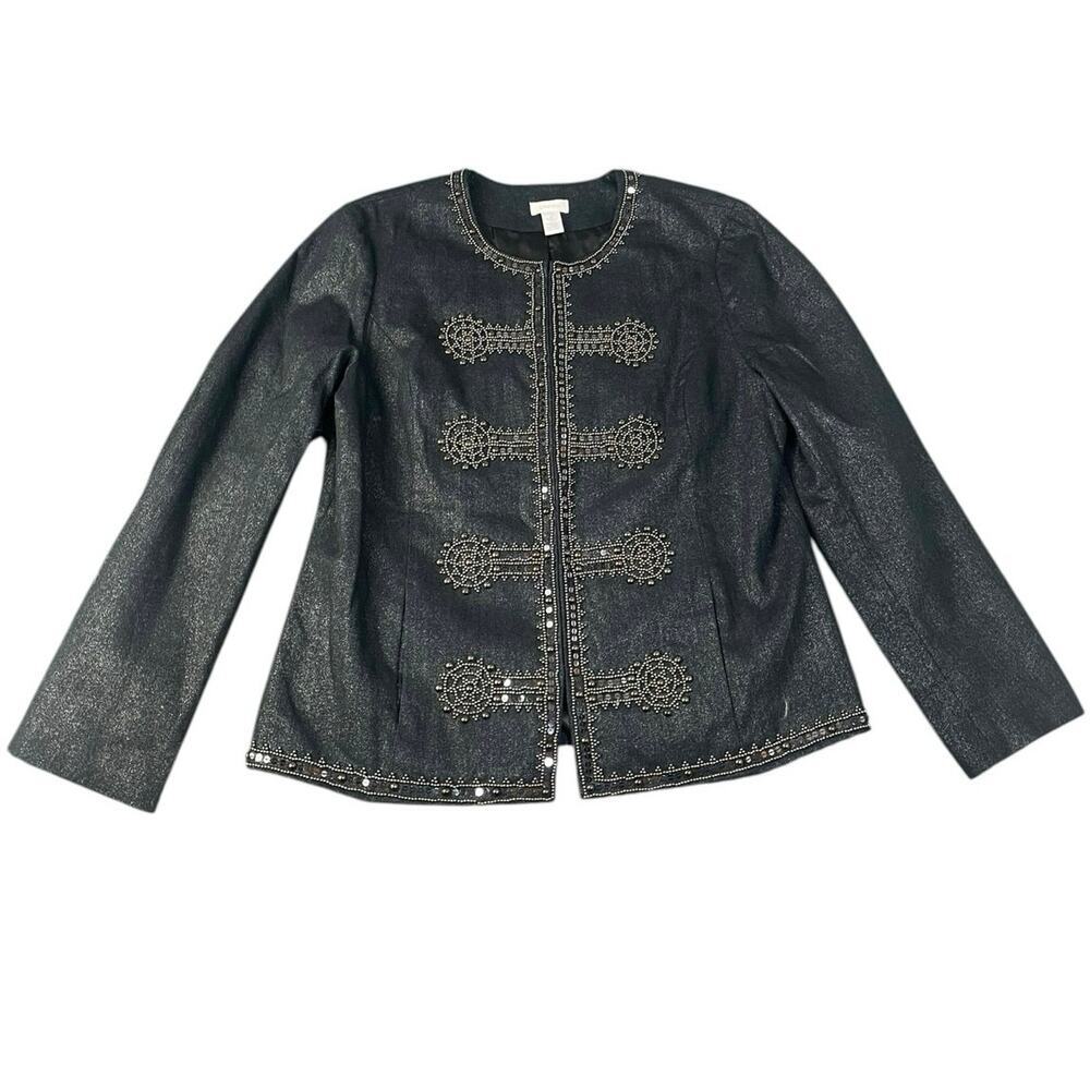 Chico’s Women’s Military Glam Napoleon Denim Beaded Jacket Size-2 (Large)